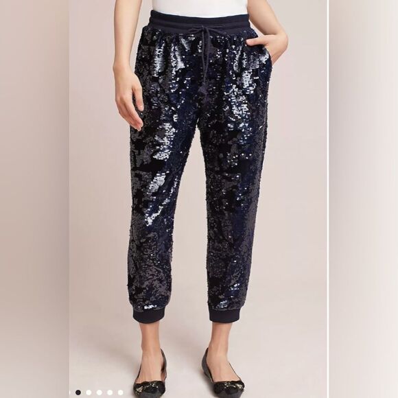 Anthropologie ett:twa Sequin Velvet Joggers Holiday Sparkle navy blue Medium M - Picture 14 of 16